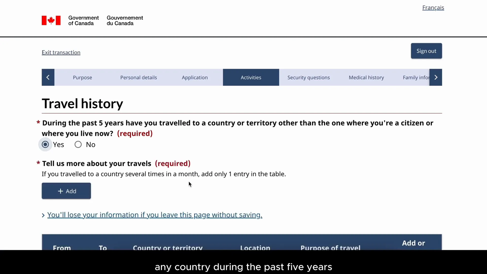 Background information questions in visa application