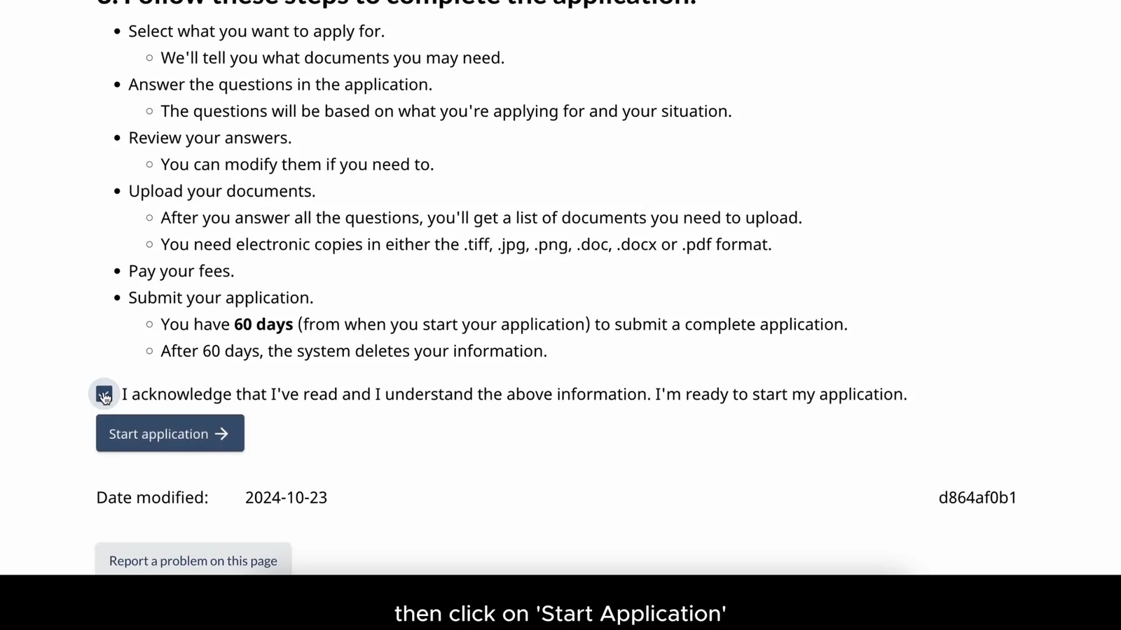 IRCC portal application start page
