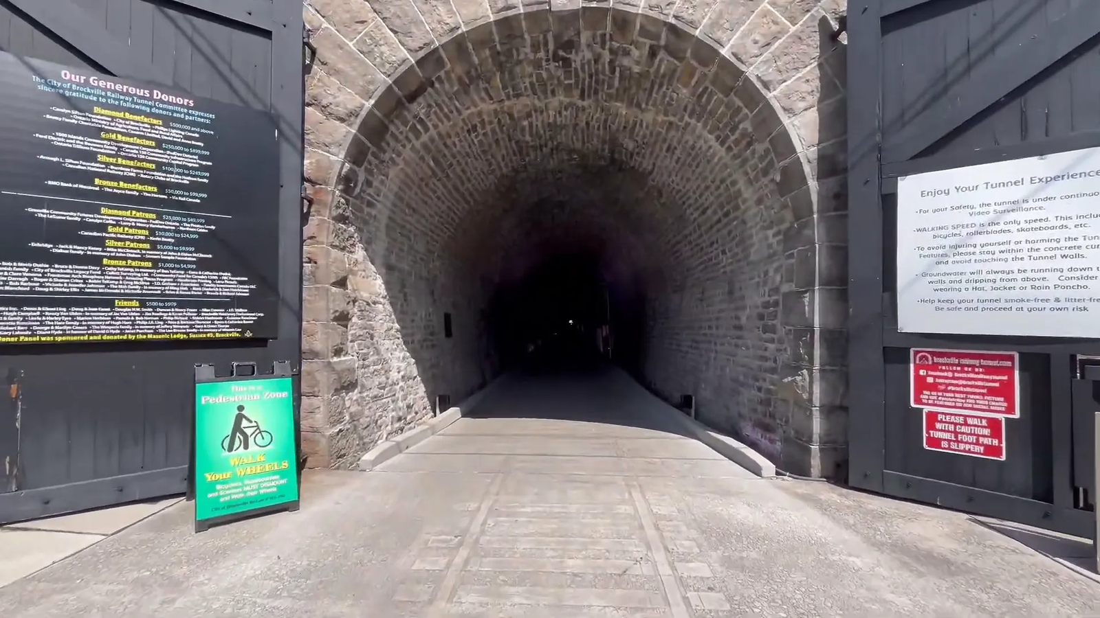 Inside view of Brockville Railway Tunnel walls and lights