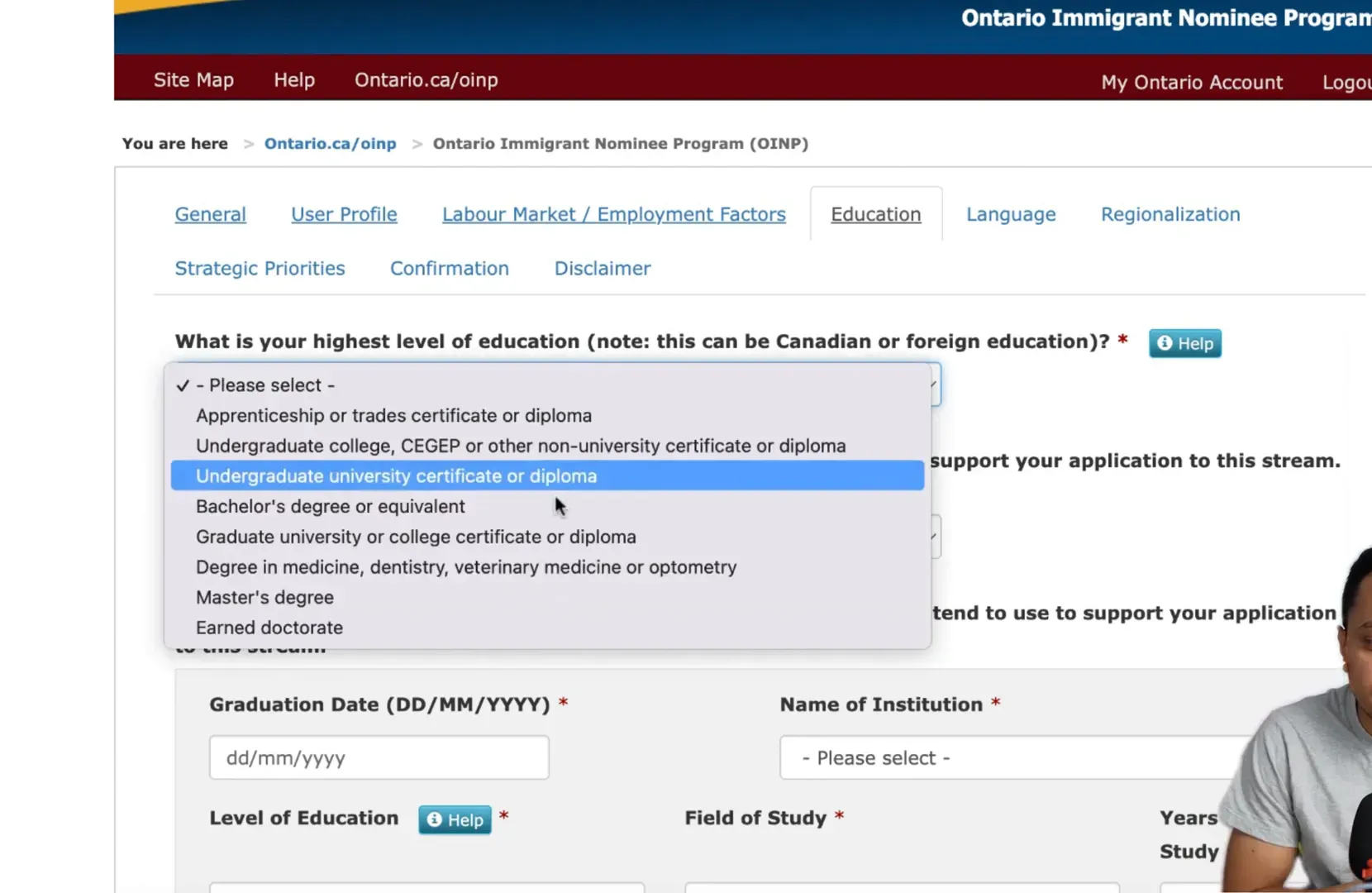 Education details section in Ontario EOI