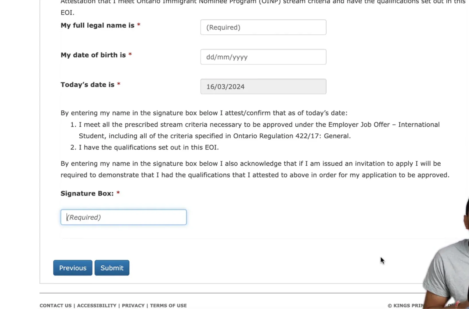 EOI application confirmation and attestation