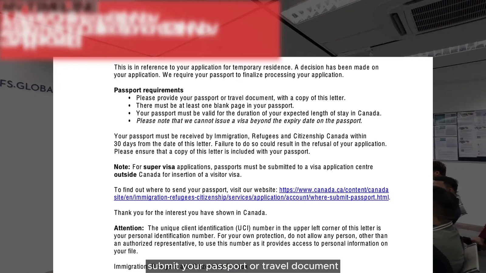 Submitting passport at visa application center