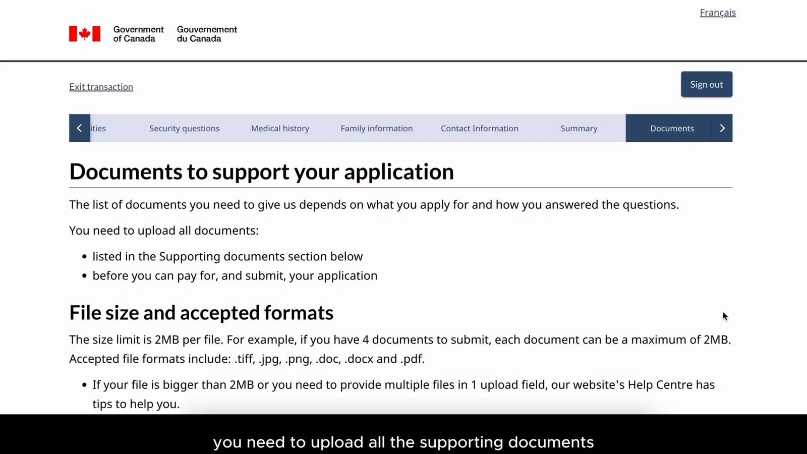 Uploading supporting documents in visa application