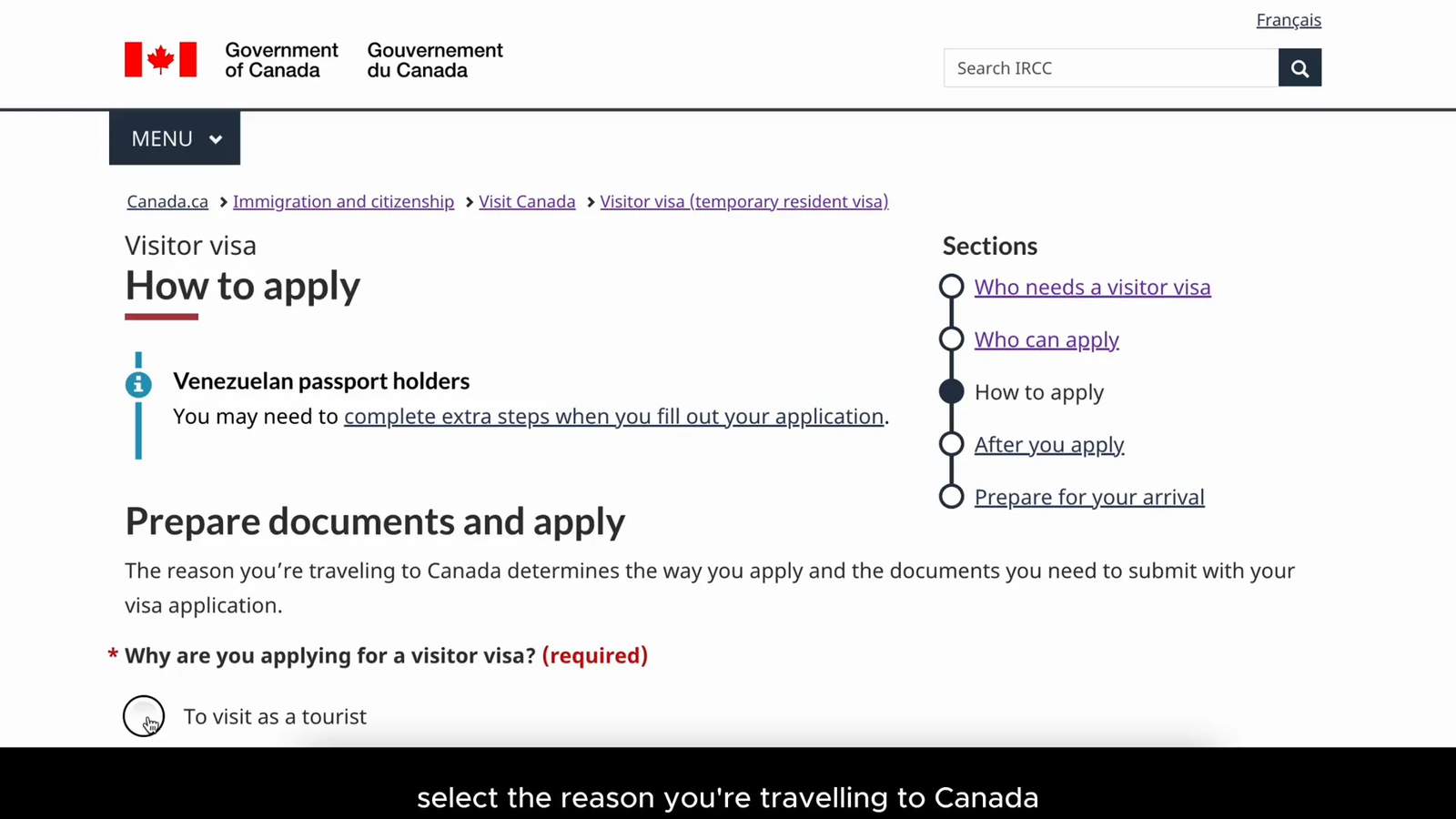 Canada visitor visa application webpage showing required documents