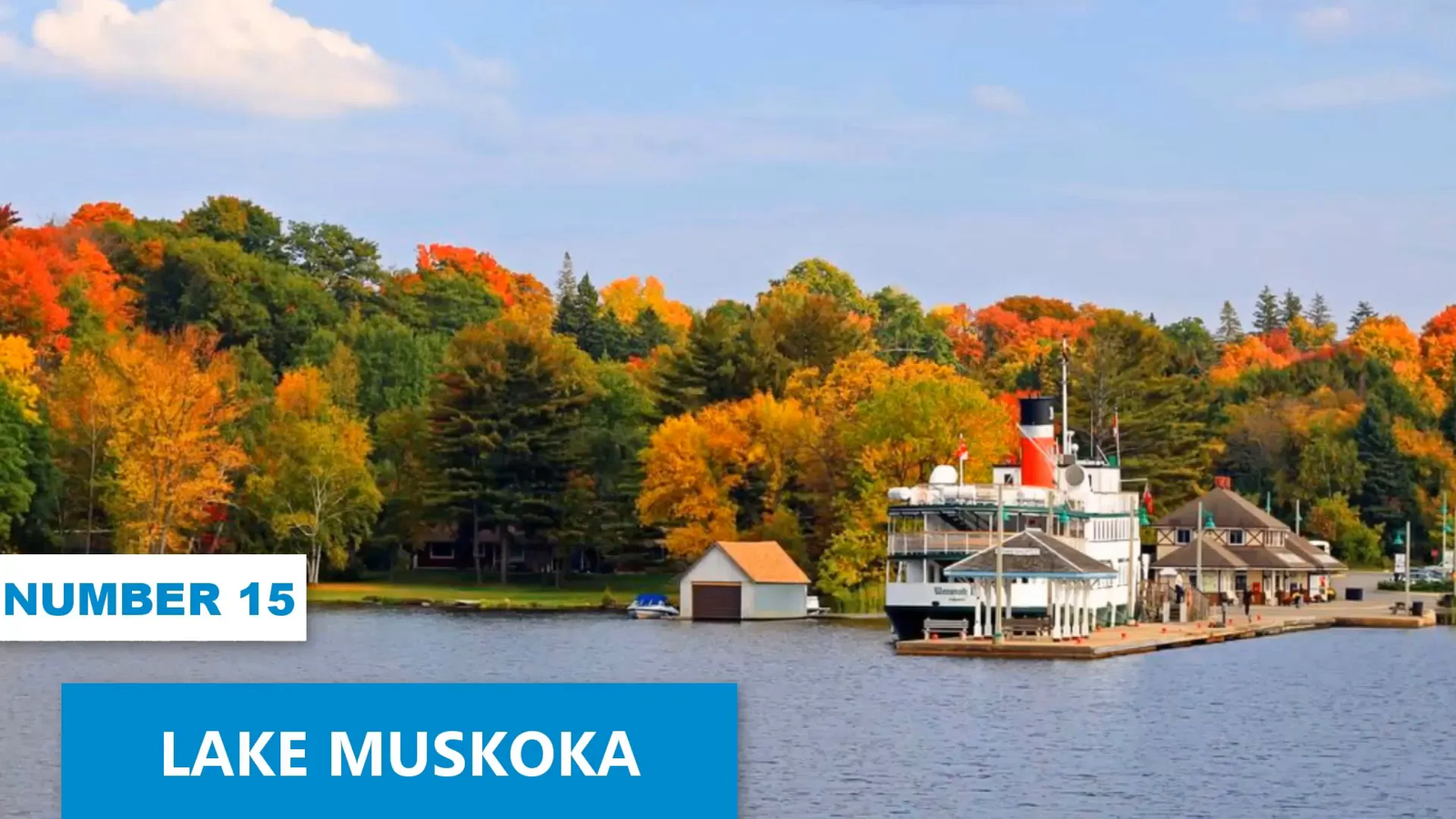 View of Lake Muskoka with calm waters and forested shoreline