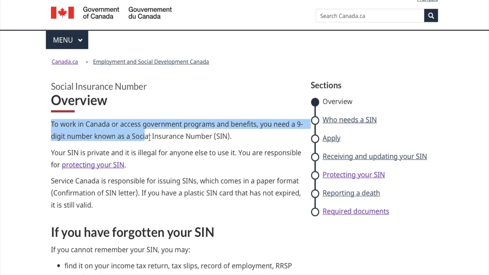Applying for Social Insurance Number at Service Canada