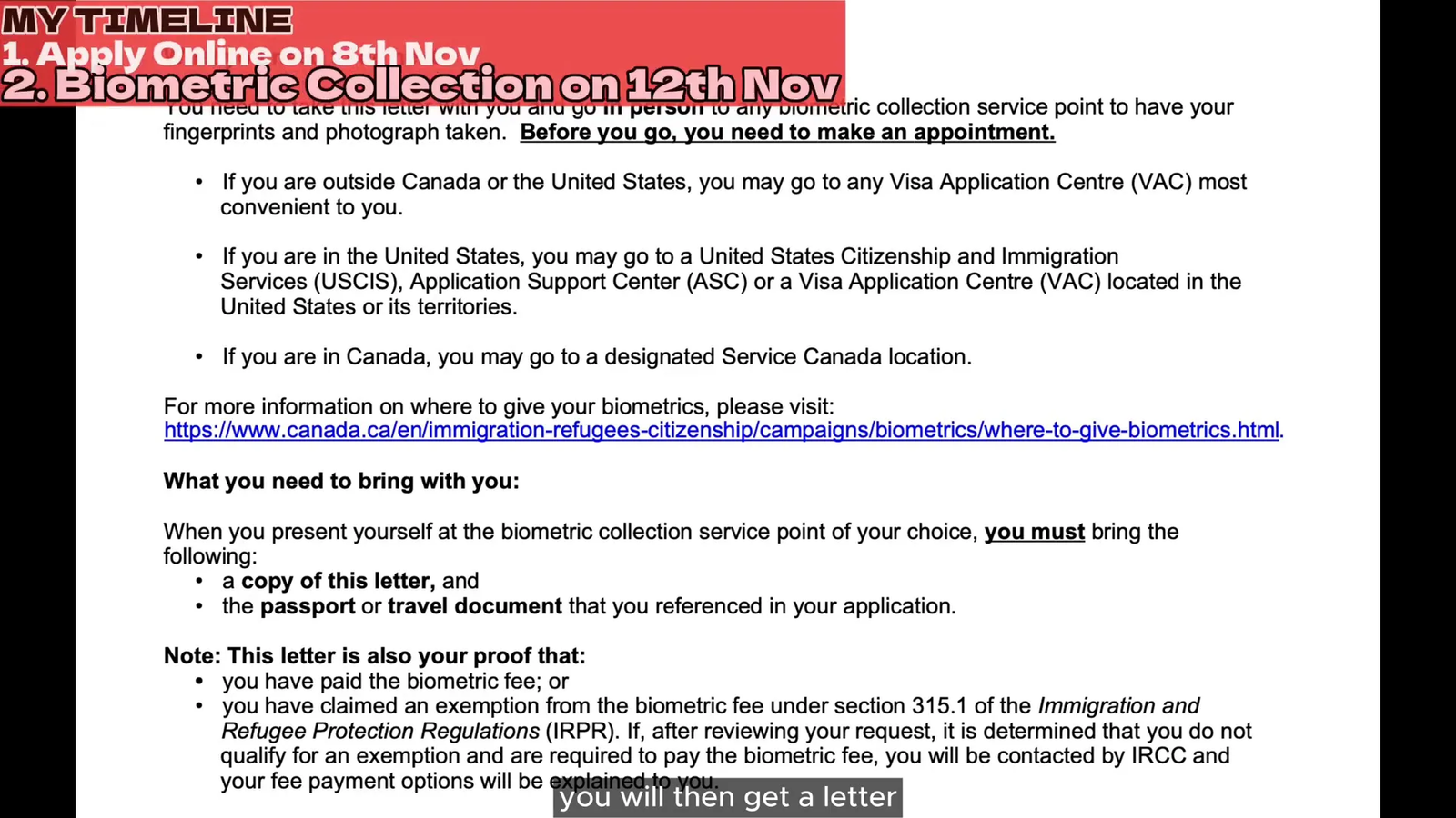 Biometric instruction letter for Canada visa application