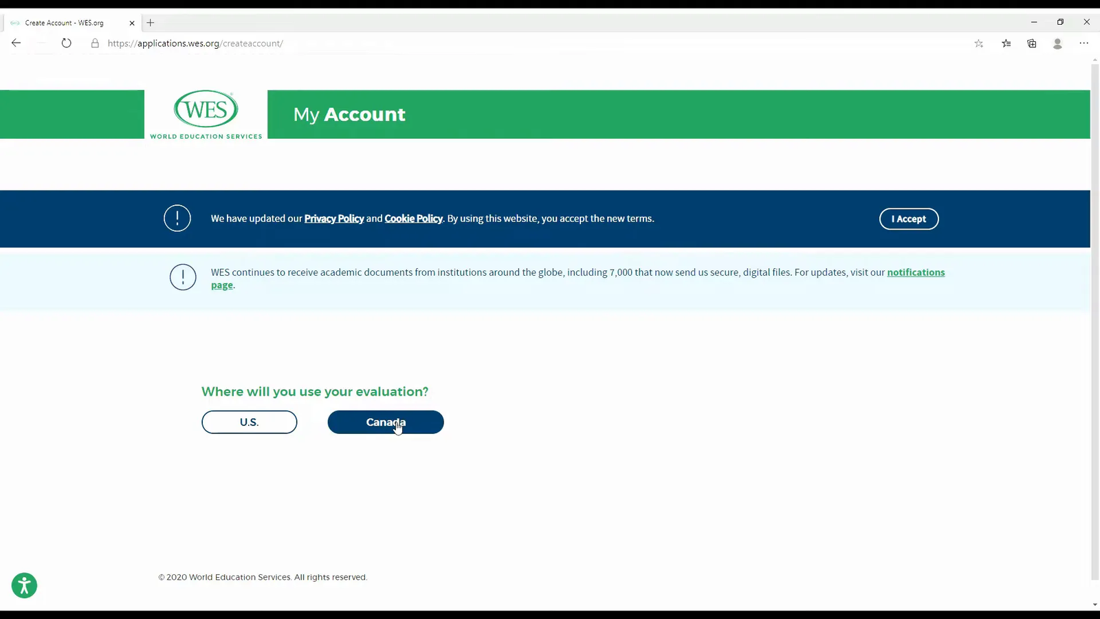 WES account creation screen