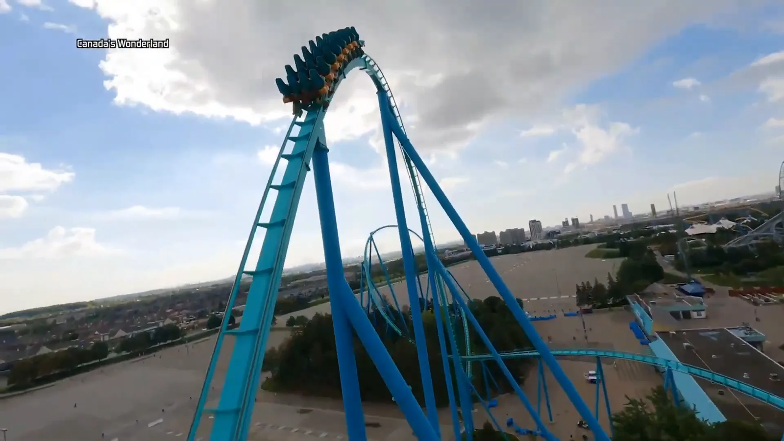 Yukon Striker roller coaster lit up at night