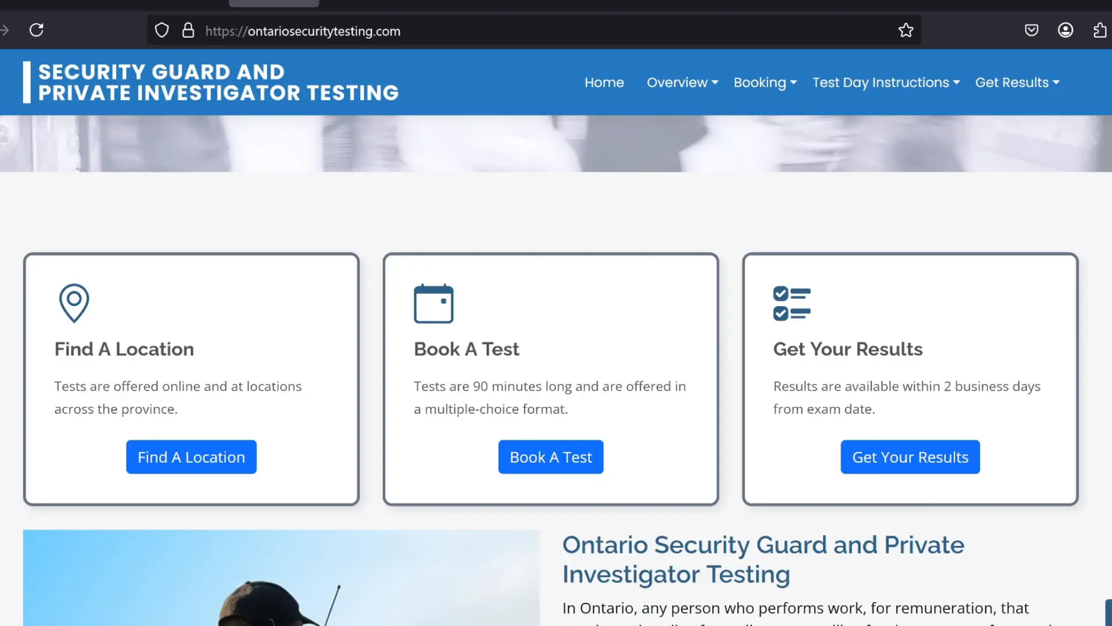 Ontario Security Guard Exam Booking Website